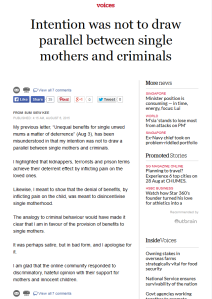 intention was not to draw parallel between single mothers and criminals